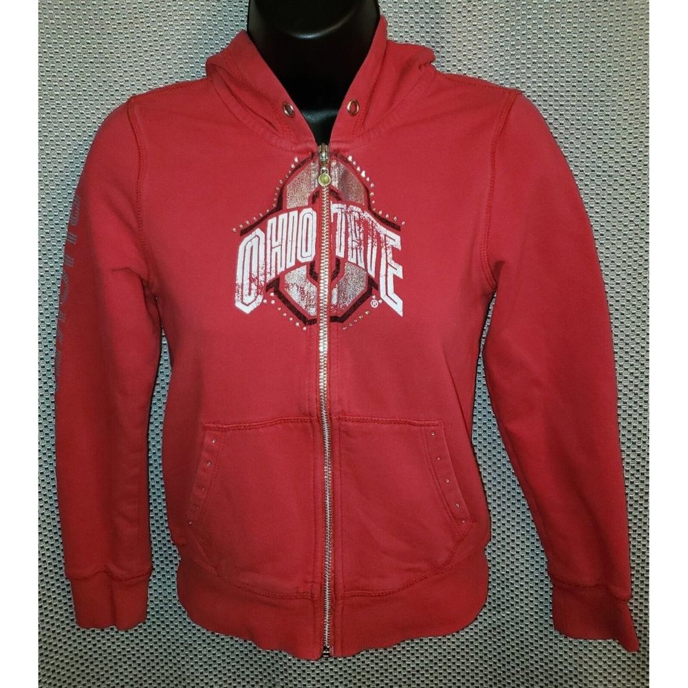Ohio State Buckeyes Scarlet Rhinestone Zip Up Hoodie Sweatshirt - Girls Medium